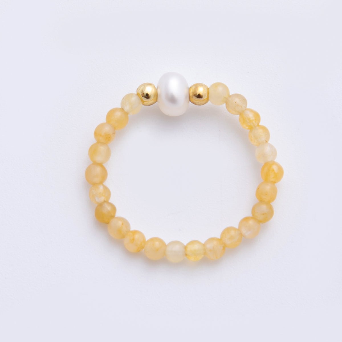 18K Gold Filled Yellow Citrine Gemstone Pearl Bead Stretch Ring | O047 - DLUXCA