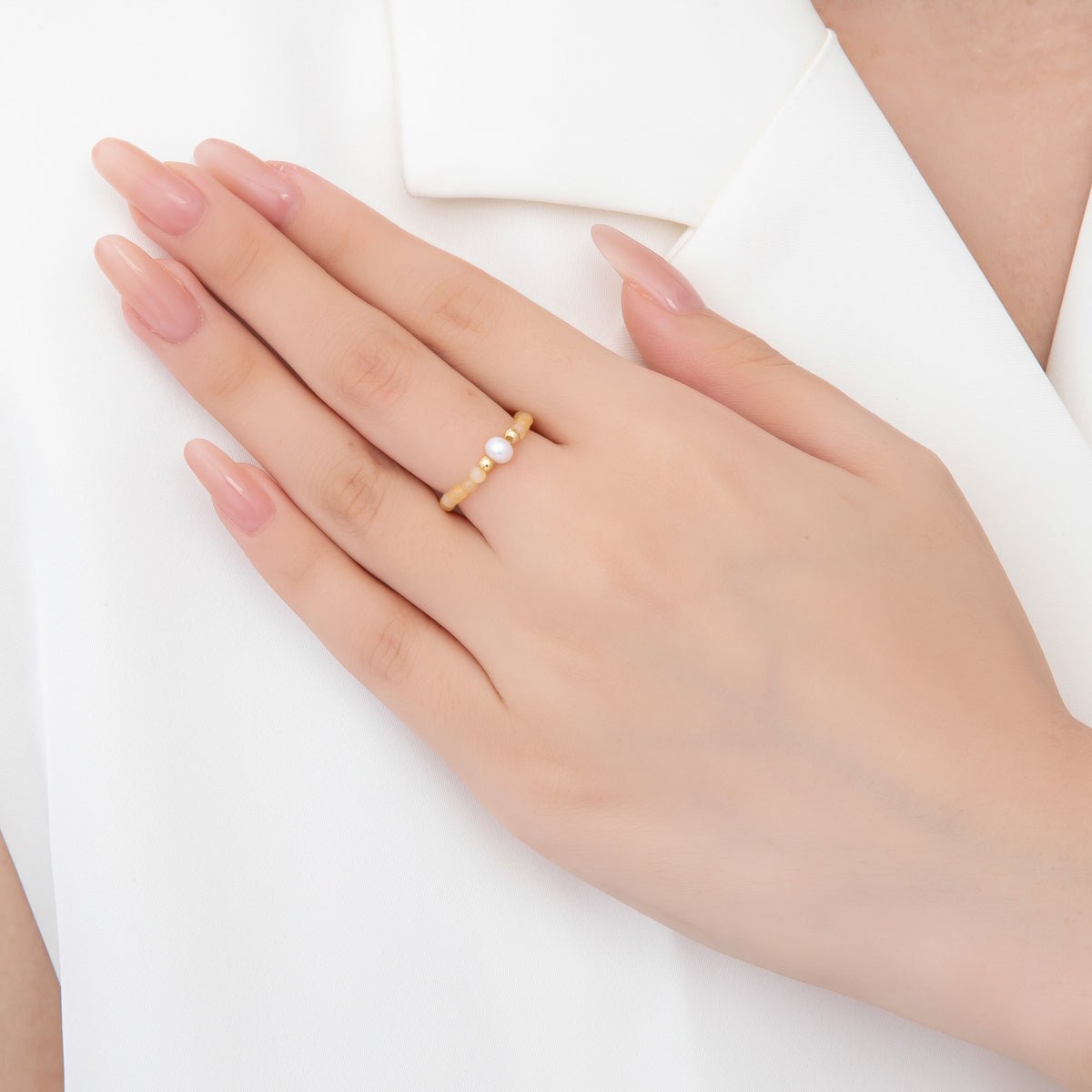 18K Gold Filled Yellow Citrine Gemstone Pearl Bead Stretch Ring | O047 - DLUXCA