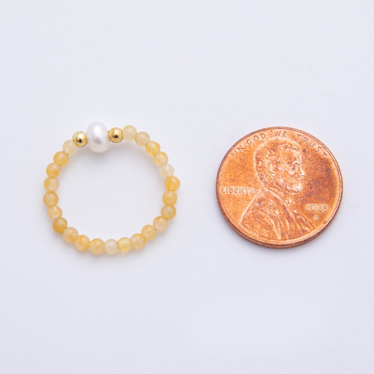 18K Gold Filled Yellow Citrine Gemstone Pearl Bead Stretch Ring | O047 - DLUXCA