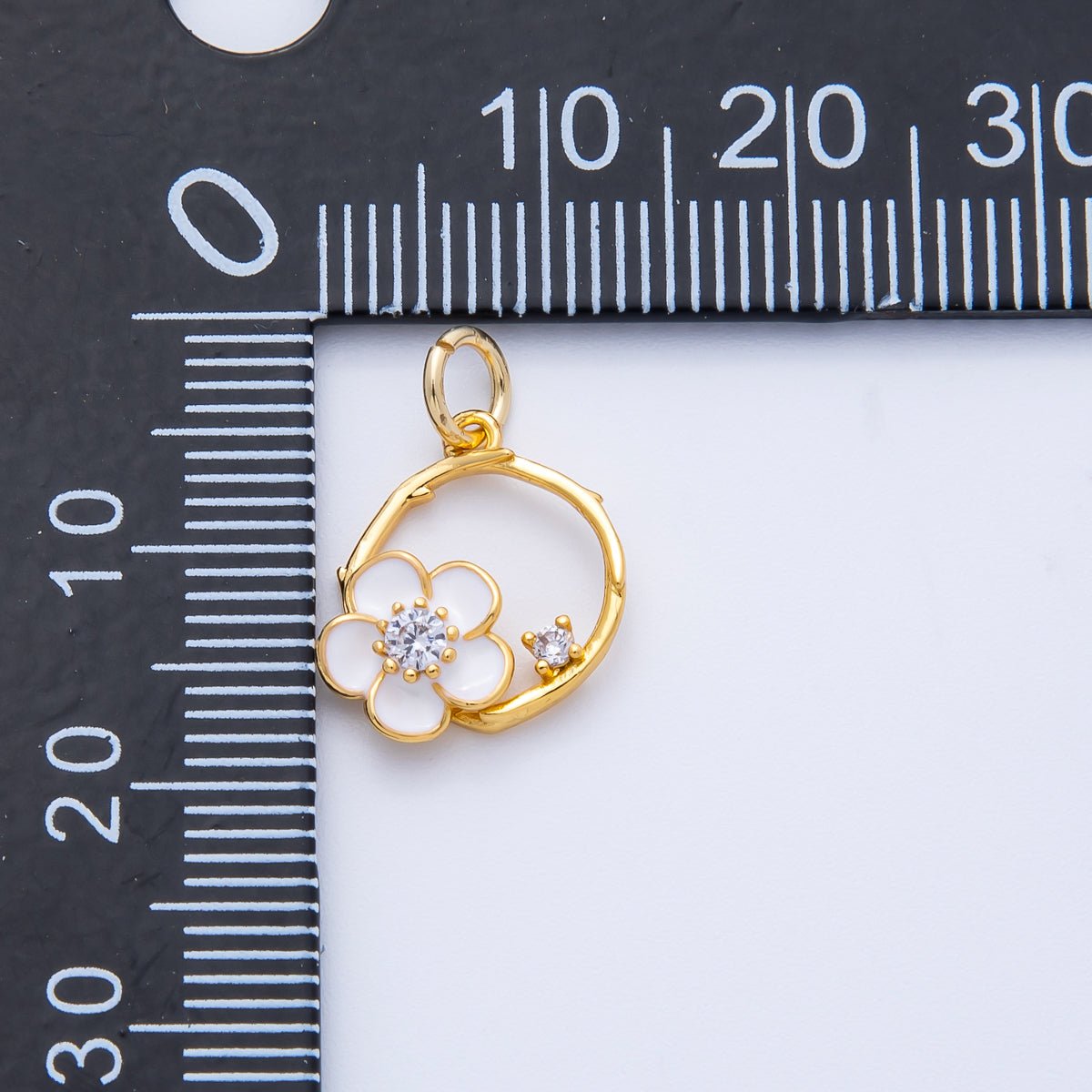 18K Gold Filled14mm CZ White Enamel Flower Open Round Charm | Charms - 00410 - DLUXCA