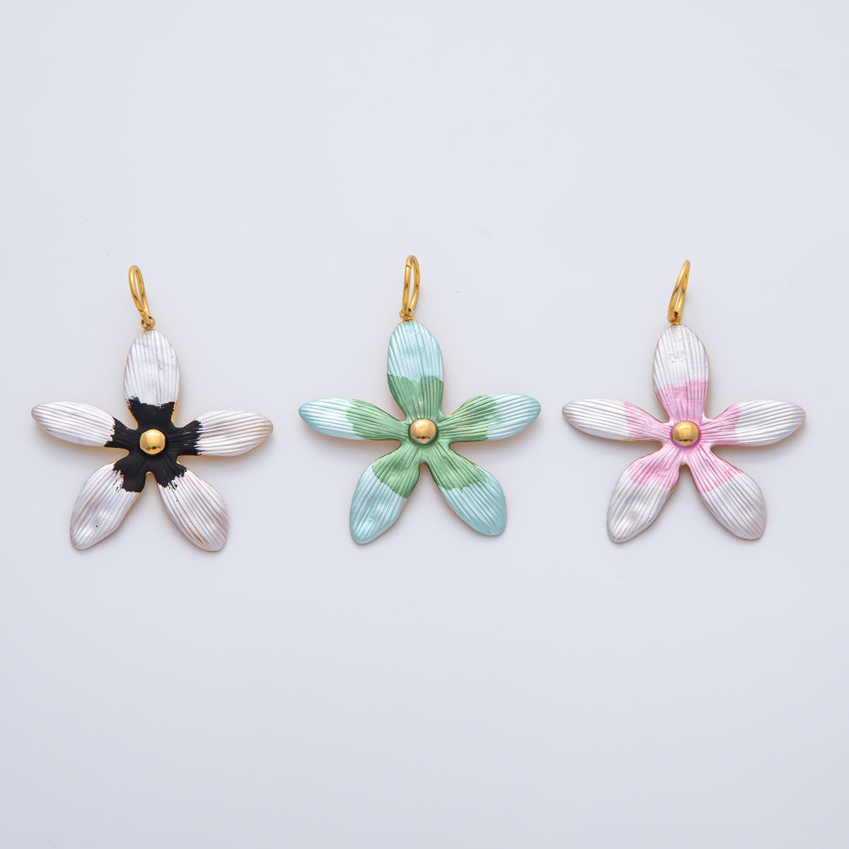 18K Gold Plated 41mm Black, Green, Pink Enamel Flower Charm | AF1424 AF1425 - DLUXCA