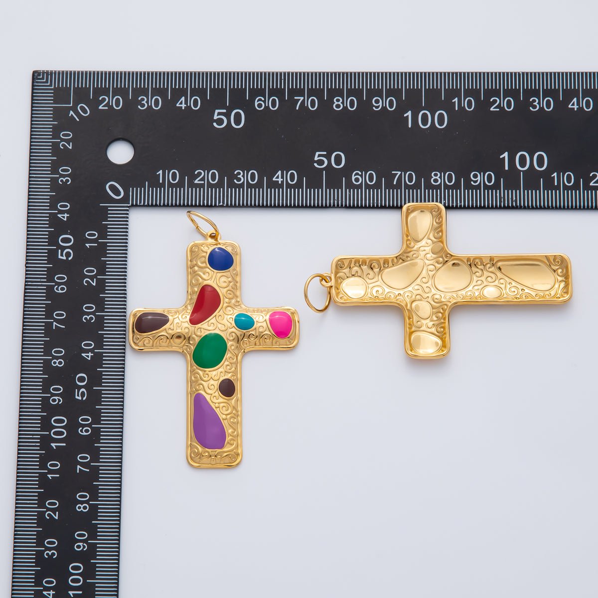 18K Gold Plated 63mm Blue, Multicolor Enamel Patterned Christian Cross Charm | AF1423 - DLUXCA