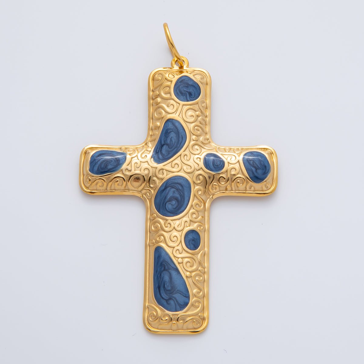 18K Gold Plated 63mm Blue, Multicolor Enamel Patterned Christian Cross Charm | AF1423 - DLUXCA
