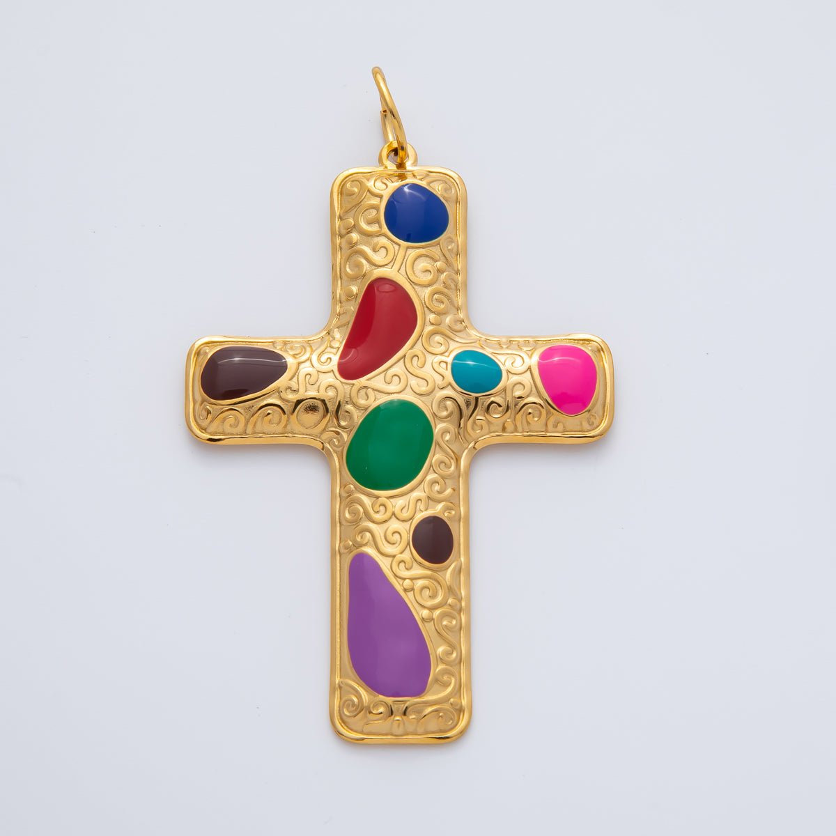 18K Gold Plated 63mm Blue, Multicolor Enamel Patterned Christian Cross Charm | AF1423 - DLUXCA