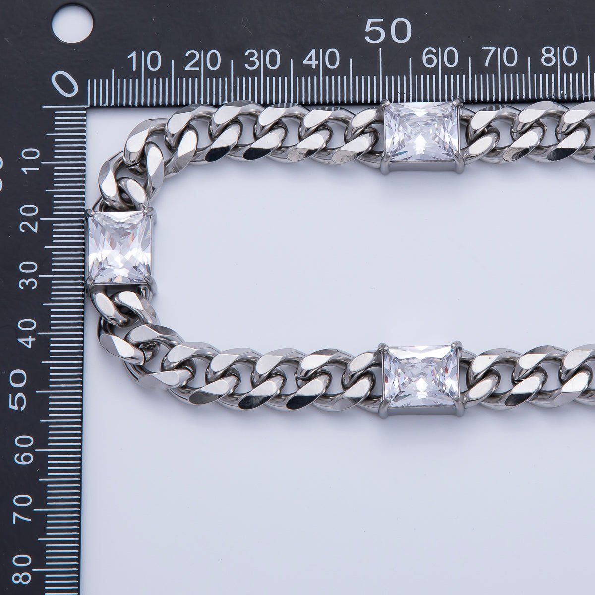 18K Gold PVD Stainless Steel 12mm Clear CZ Baguette Curb Chain 18 Inch Necklace in Gold & Silver | WA - 3941 WA - 3942 - DLUXCA