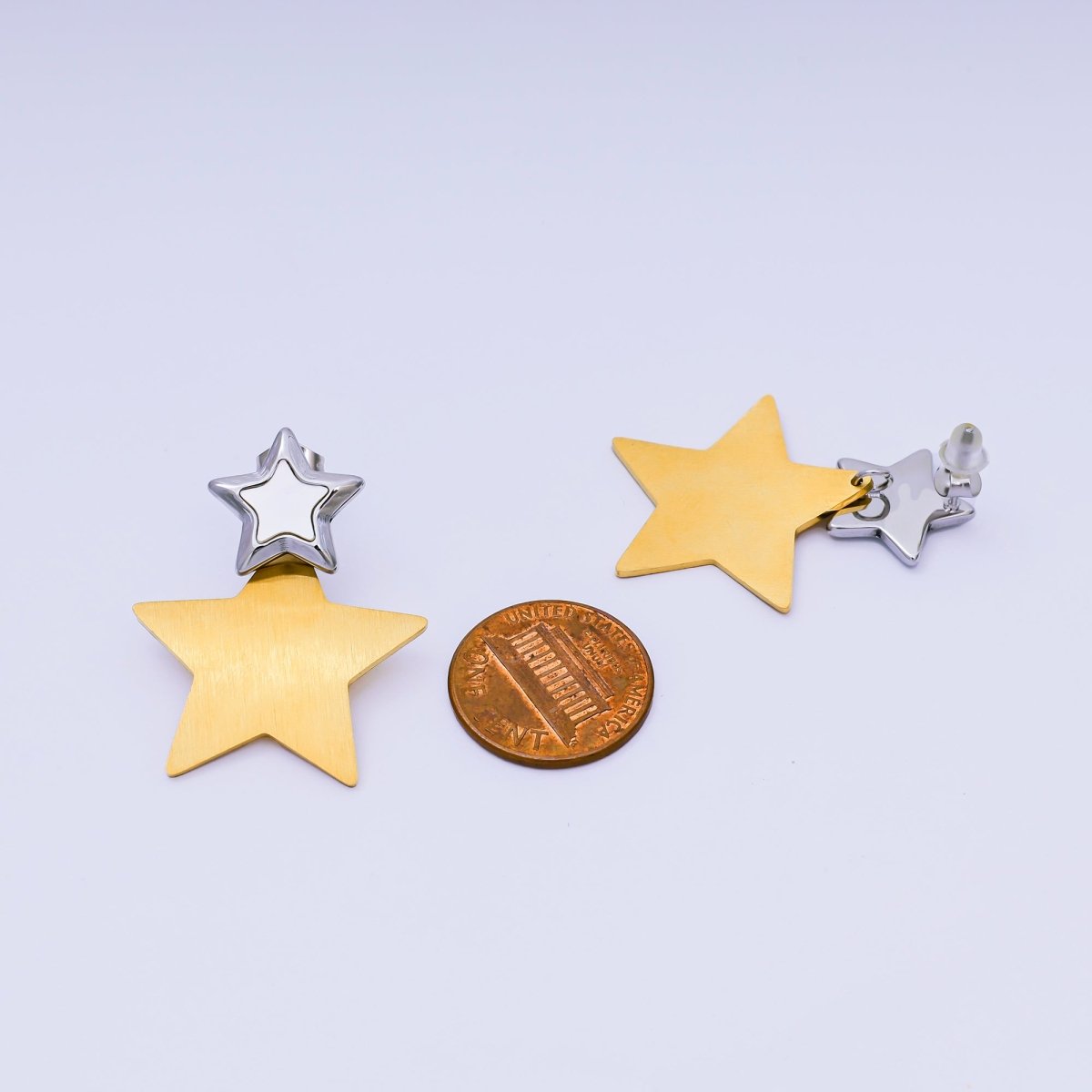 18K Gold PVD Stainless Steel 14mm Mixed Metal Celestial Star Drop Stud Earrings | AJ021 - DLUXCA