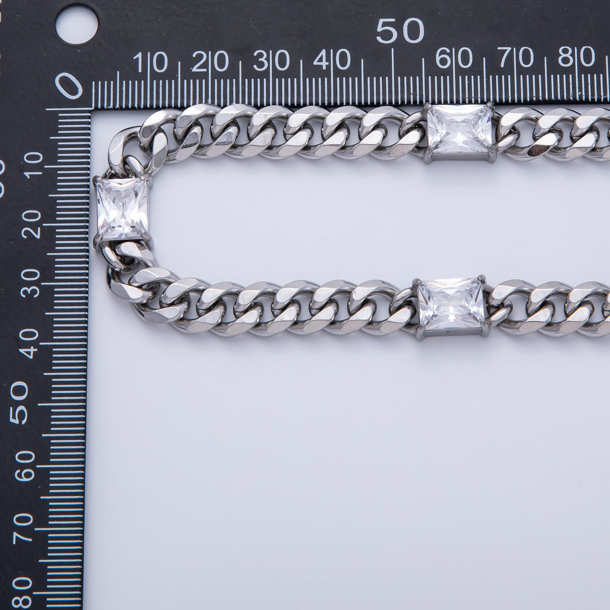 18K Gold PVD Stainless Steel 9.5mm Clear CZ Baguette Curb Chain 18 Inch Necklace in Gold & Silver | WA - 3943 WA - 3944 - DLUXCA