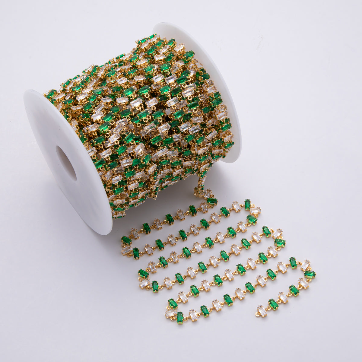 18K Gold Filled 6.8mm Multicolor Green-Clear Baguette CZ Gemstone Unfinished Chain by Yard | Roll-1831