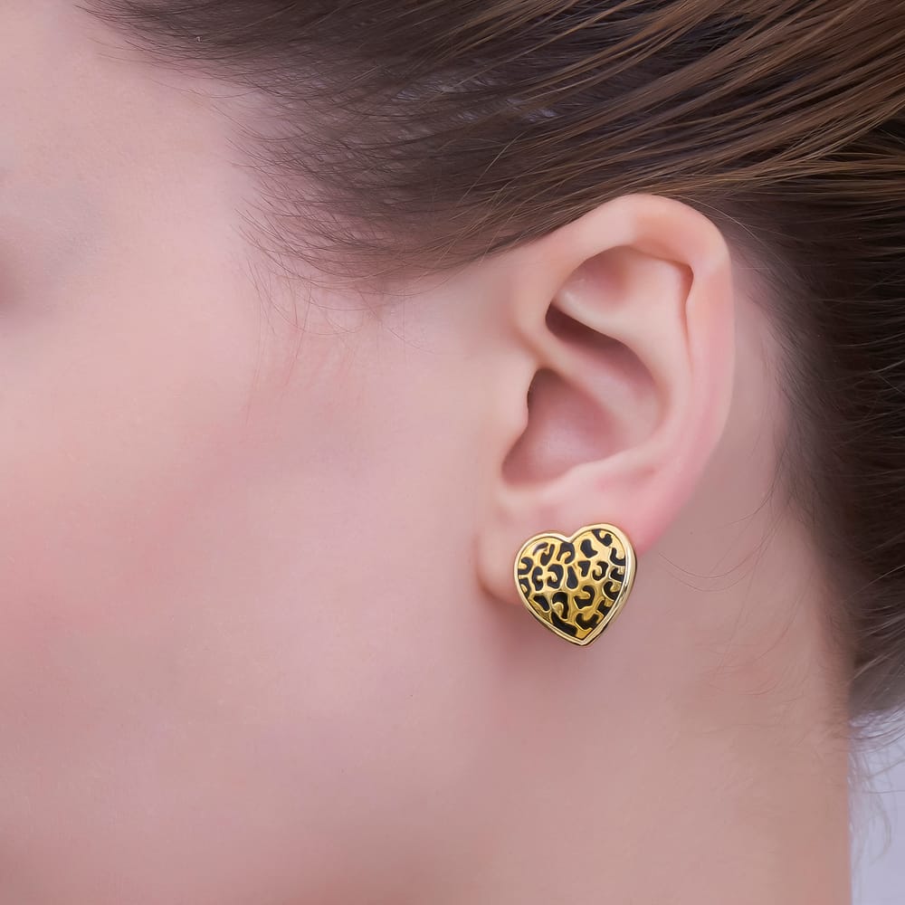 24K Gold Filled Cheetah Print Heart Animal Print Stud Earrings | AB853