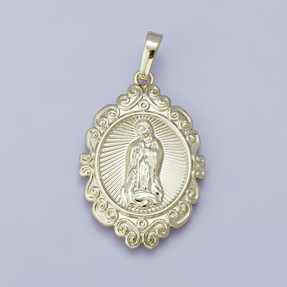 24K, 14K Gold Filled Miraculous Mother Mary Sunburst Artisan Religious Figure Pendant | H278 - DLUXCA