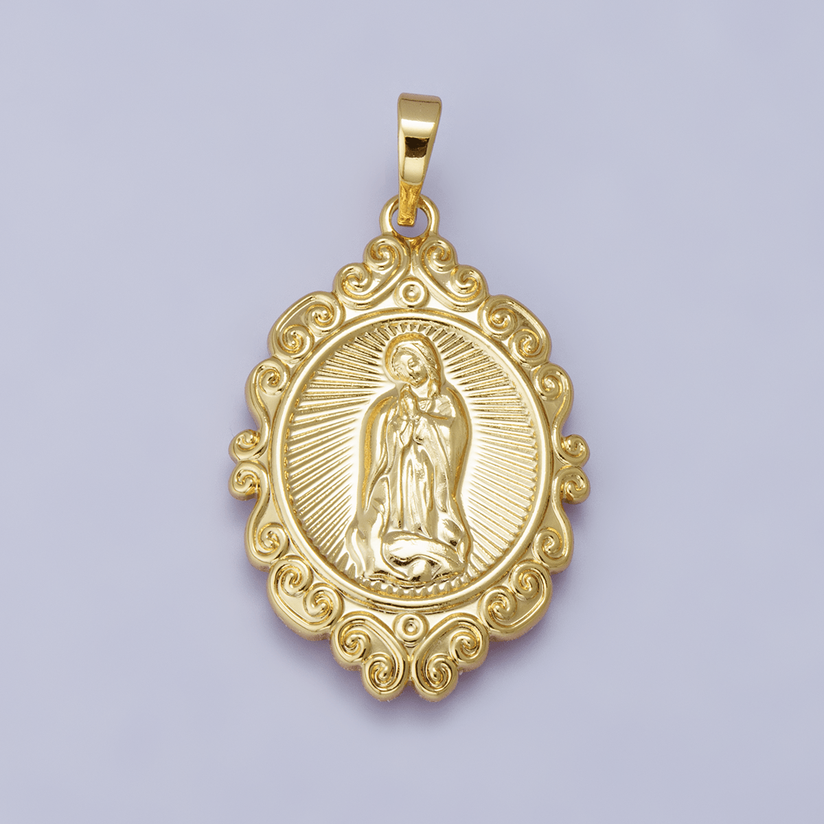 24K, 14K Gold Filled Miraculous Mother Mary Sunburst Artisan Religious Figure Pendant | H278 - DLUXCA