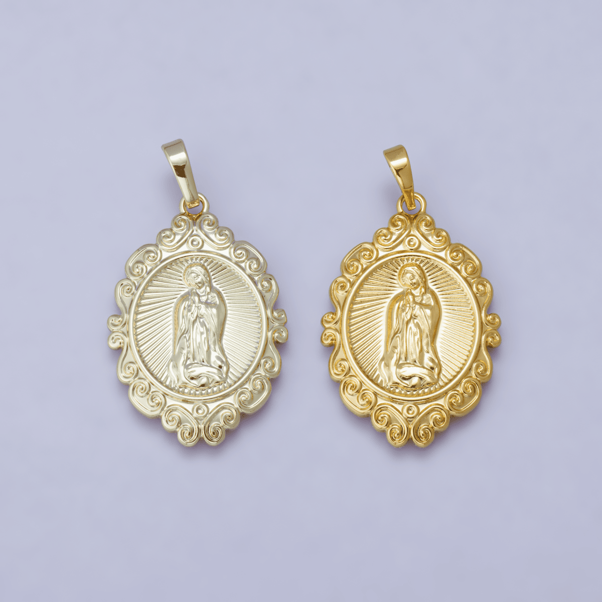 24K, 14K Gold Filled Miraculous Mother Mary Sunburst Artisan Religious Figure Pendant | H278 - DLUXCA