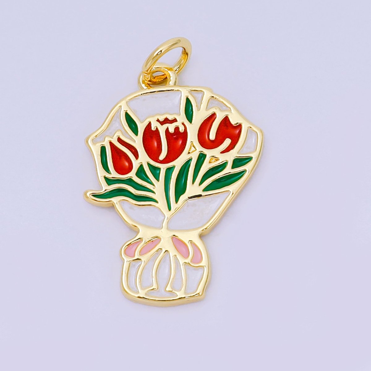 24K Gold Filled 10.5mm Enamel Art Bouquet of Roses Flower Charm | AH - 642 - DLUXCA