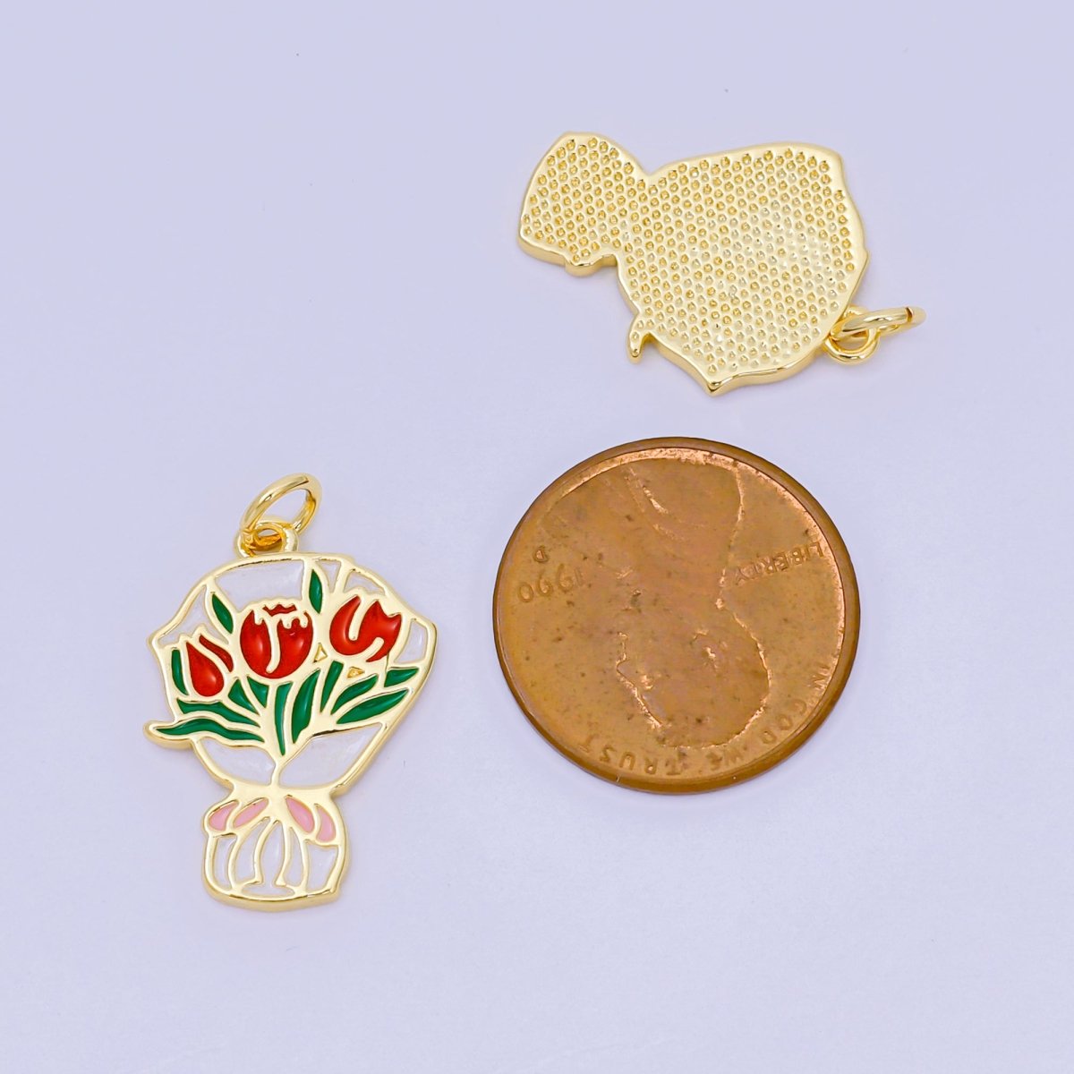 24K Gold Filled 10.5mm Enamel Art Bouquet of Roses Flower Charm | AH - 642 - DLUXCA