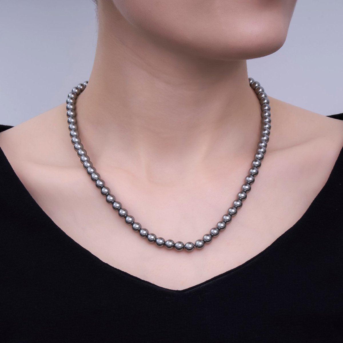 24K Gold Filled 10mm, 8mm, 6mm, 4mm, 3mm Black Round Shell Pearl 17 Inch Necklace | WA - 2843 ~ WA - 2847 - DLUXCA