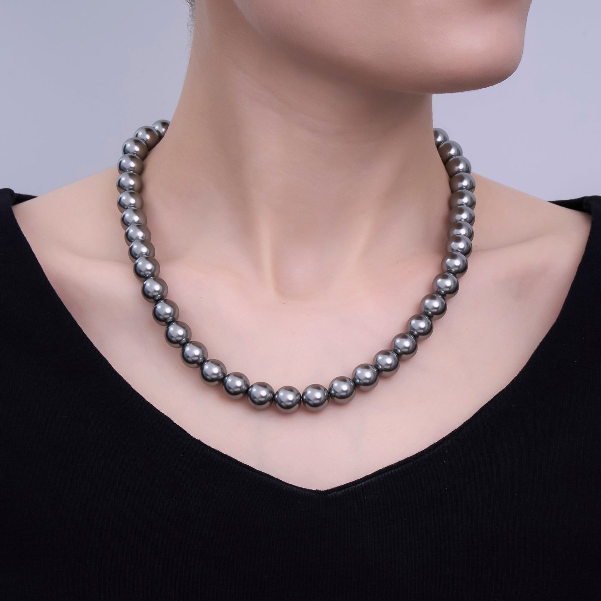24K Gold Filled 10mm, 8mm, 6mm, 4mm, 3mm Black Round Shell Pearl 17 Inch Necklace | WA - 2843 ~ WA - 2847 - DLUXCA