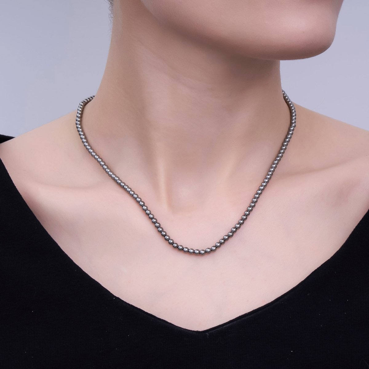 24K Gold Filled 10mm, 8mm, 6mm, 4mm, 3mm Black Round Shell Pearl 17 Inch Necklace | WA - 2843 ~ WA - 2847 - DLUXCA