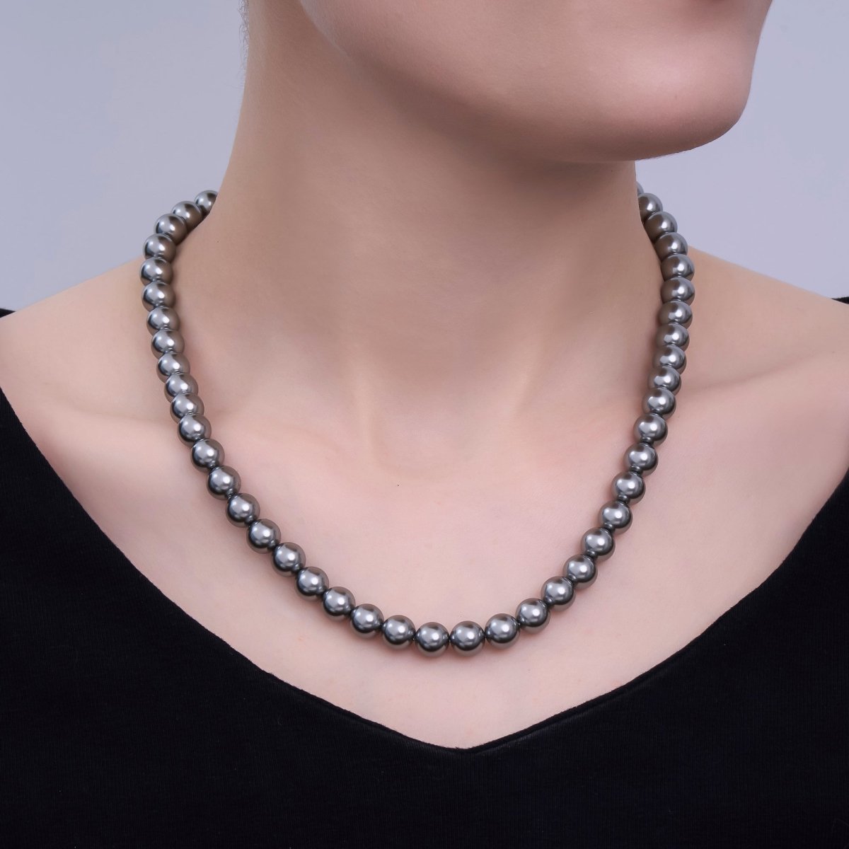 24K Gold Filled 10mm, 8mm, 6mm, 4mm, 3mm Black Round Shell Pearl 17 Inch Necklace | WA - 2843 ~ WA - 2847 - DLUXCA