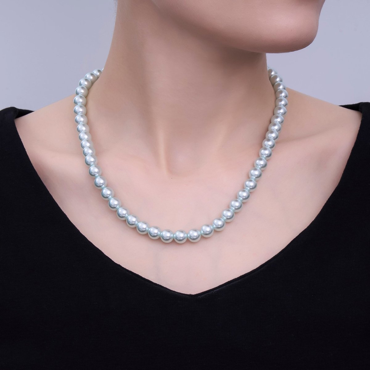 24K Gold Filled 10mm, 8mm, 6mm, 4mm, 3mm Blue Round Shell Pearl 17 Inch Necklace | WA - 2805 ~ WA - 2809 - DLUXCA