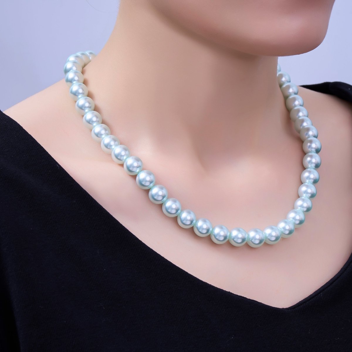 24K Gold Filled 10mm, 8mm, 6mm, 4mm, 3mm Blue Round Shell Pearl 17 Inch Necklace | WA - 2805 ~ WA - 2809 - DLUXCA