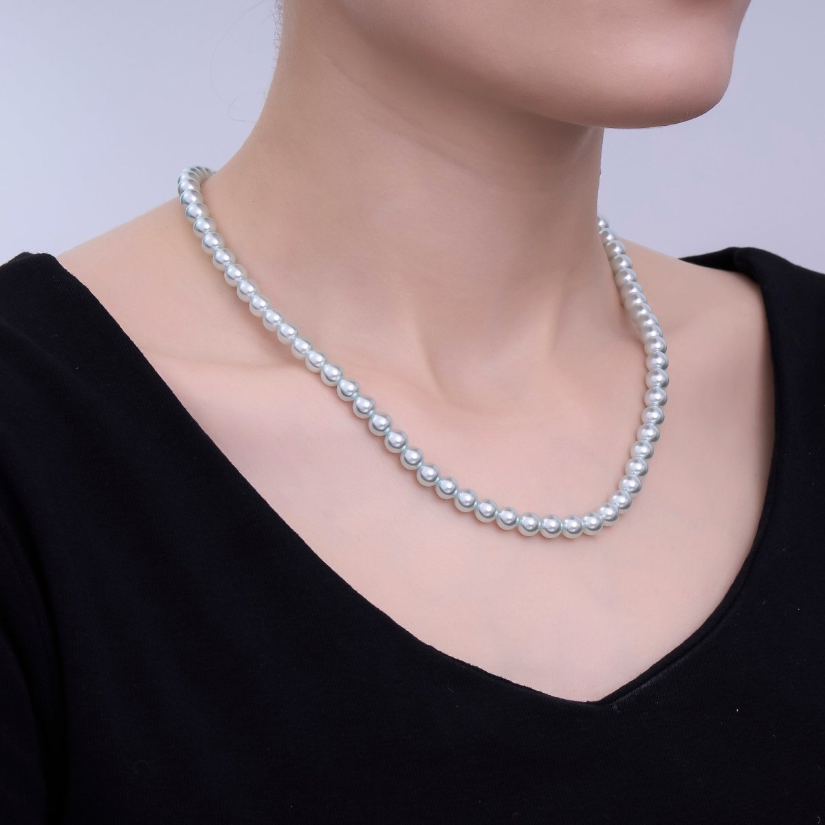 24K Gold Filled 10mm, 8mm, 6mm, 4mm, 3mm Blue Round Shell Pearl 17 Inch Necklace | WA - 2805 ~ WA - 2809 - DLUXCA