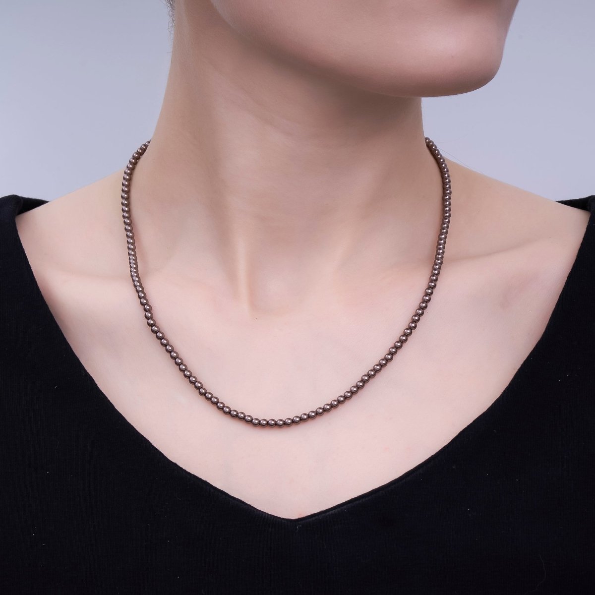 24K Gold Filled 10mm, 8mm, 6mm, 4mm, 3mm Brown Round Shell Pearl 17 Inch Necklace | WA - 2815 ~ WA - 2819 - DLUXCA