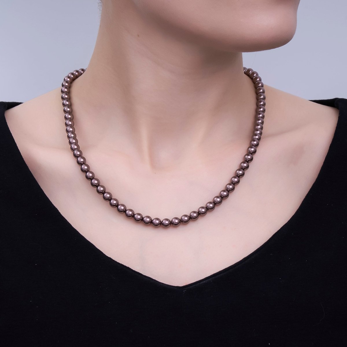 24K Gold Filled 10mm, 8mm, 6mm, 4mm, 3mm Brown Round Shell Pearl 17 Inch Necklace | WA - 2815 ~ WA - 2819 - DLUXCA