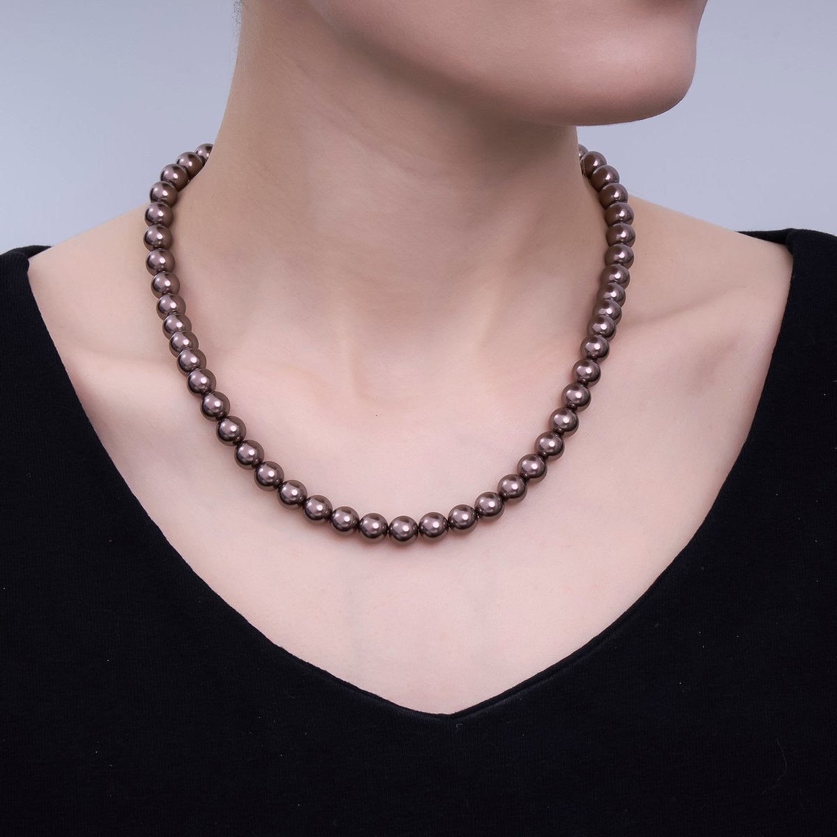 24K Gold Filled 10mm, 8mm, 6mm, 4mm, 3mm Brown Round Shell Pearl 17 Inch Necklace | WA - 2815 ~ WA - 2819 - DLUXCA