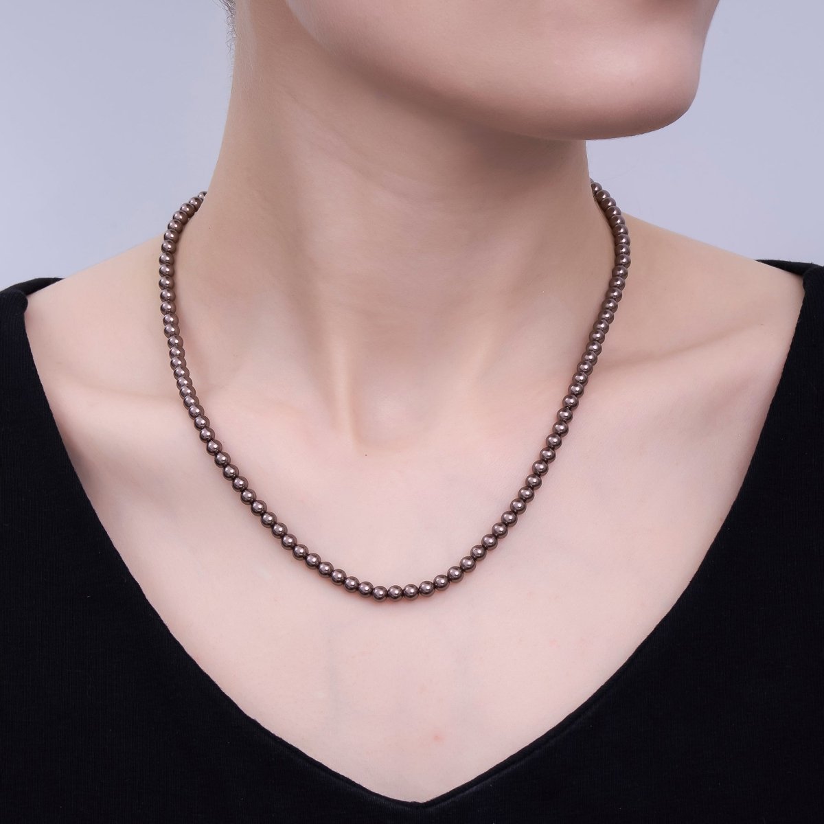 24K Gold Filled 10mm, 8mm, 6mm, 4mm, 3mm Brown Round Shell Pearl 17 Inch Necklace | WA - 2815 ~ WA - 2819 - DLUXCA