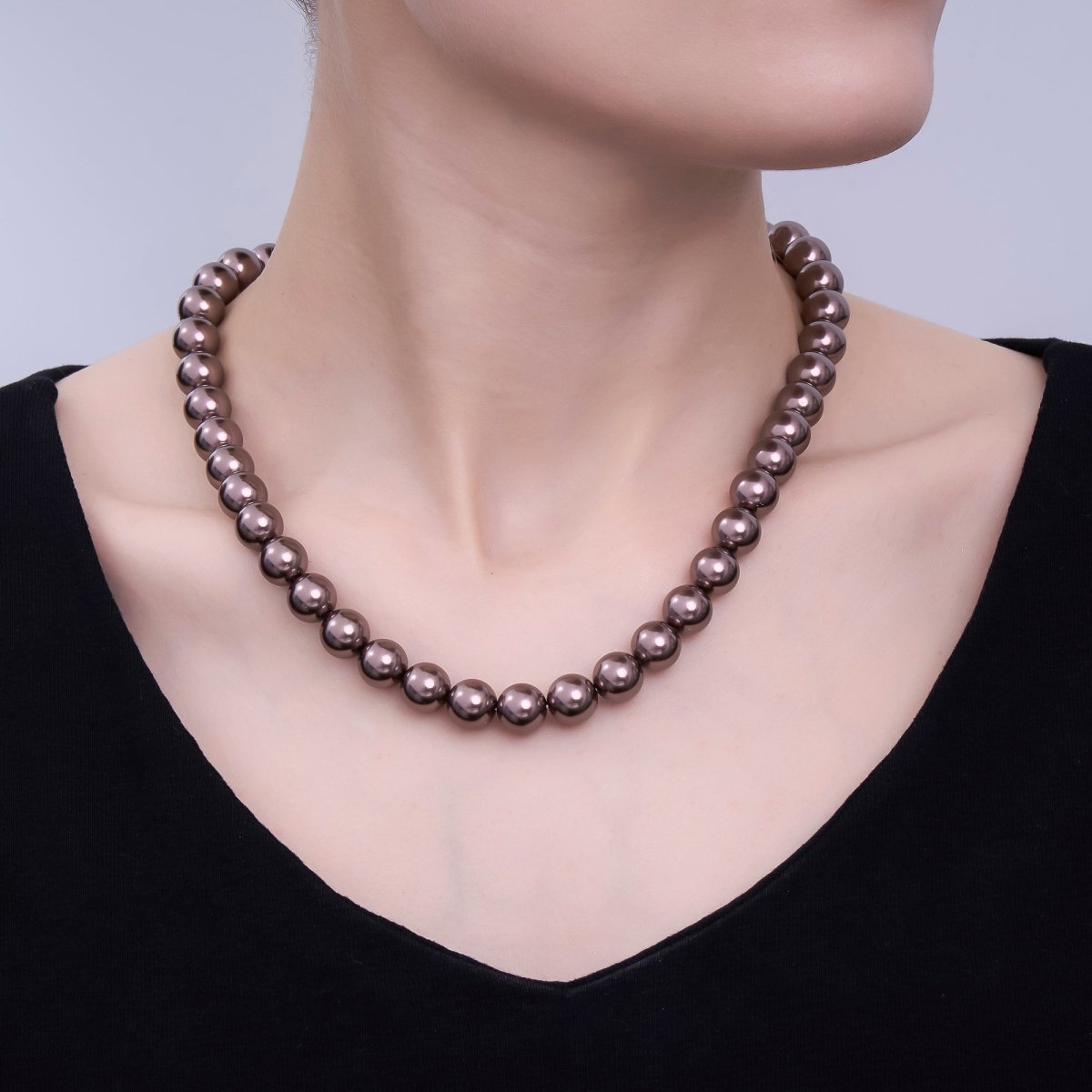 24K Gold Filled 10mm, 8mm, 6mm, 4mm, 3mm Brown Round Shell Pearl 17 Inch Necklace | WA - 2815 ~ WA - 2819 - DLUXCA