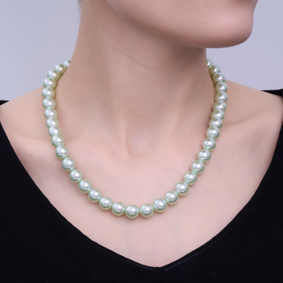 24K Gold Filled 10mm, 8mm, 6mm, 4mm, 3mm Green Round Shell Pearl 17 Inch Necklace | WA - 2800 ~ WA - 2804 - DLUXCA