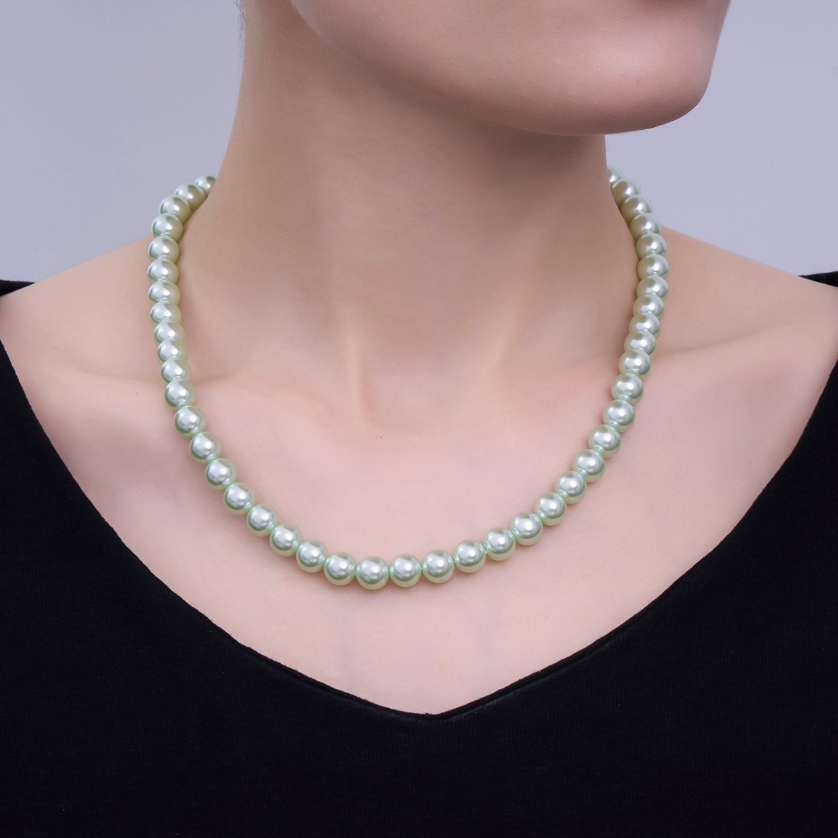 24K Gold Filled 10mm, 8mm, 6mm, 4mm, 3mm Green Round Shell Pearl 17 Inch Necklace | WA - 2800 ~ WA - 2804 - DLUXCA