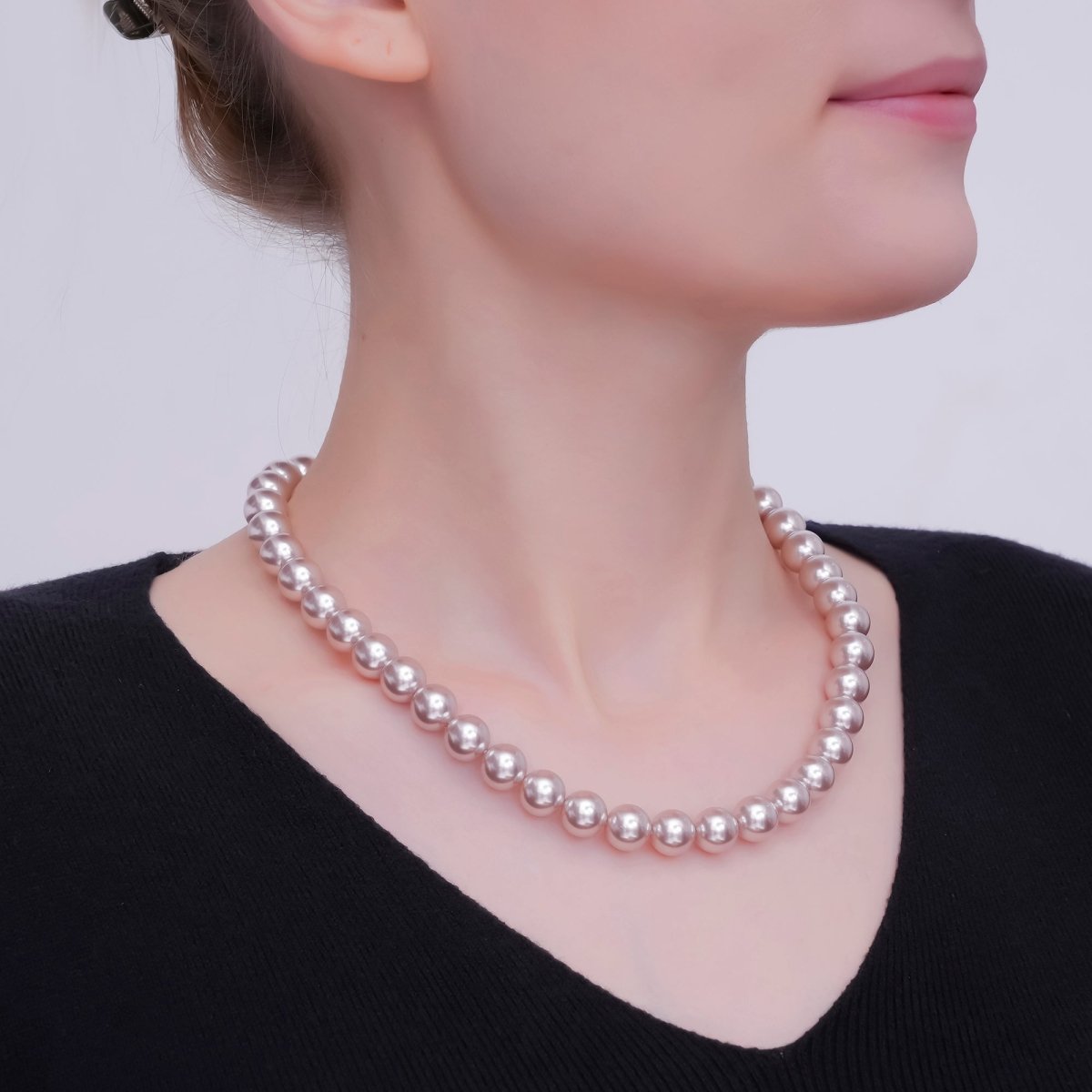 24K Gold Filled 10mm, 8mm, 6mm, 4mm, 3mm Grey Round Shell Pearl 17 Inch Necklace | WA - 2826 ~ WA - 2830 - DLUXCA