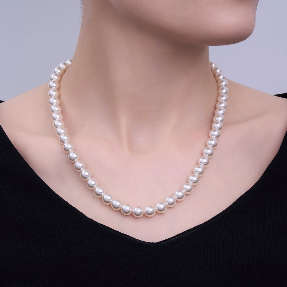 24K Gold Filled 10mm, 8mm, 6mm, 4mm, 3mm Off - White Round Shell Pearl 17 Inch Necklace | WA - 2853 ~ WA - 2857 - DLUXCA