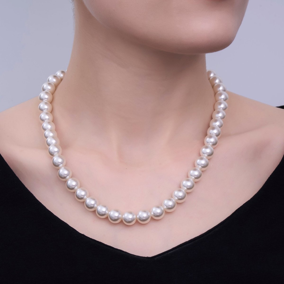 24K Gold Filled 10mm, 8mm, 6mm, 4mm, 3mm Off - White Round Shell Pearl 17 Inch Necklace | WA - 2853 ~ WA - 2857 - DLUXCA