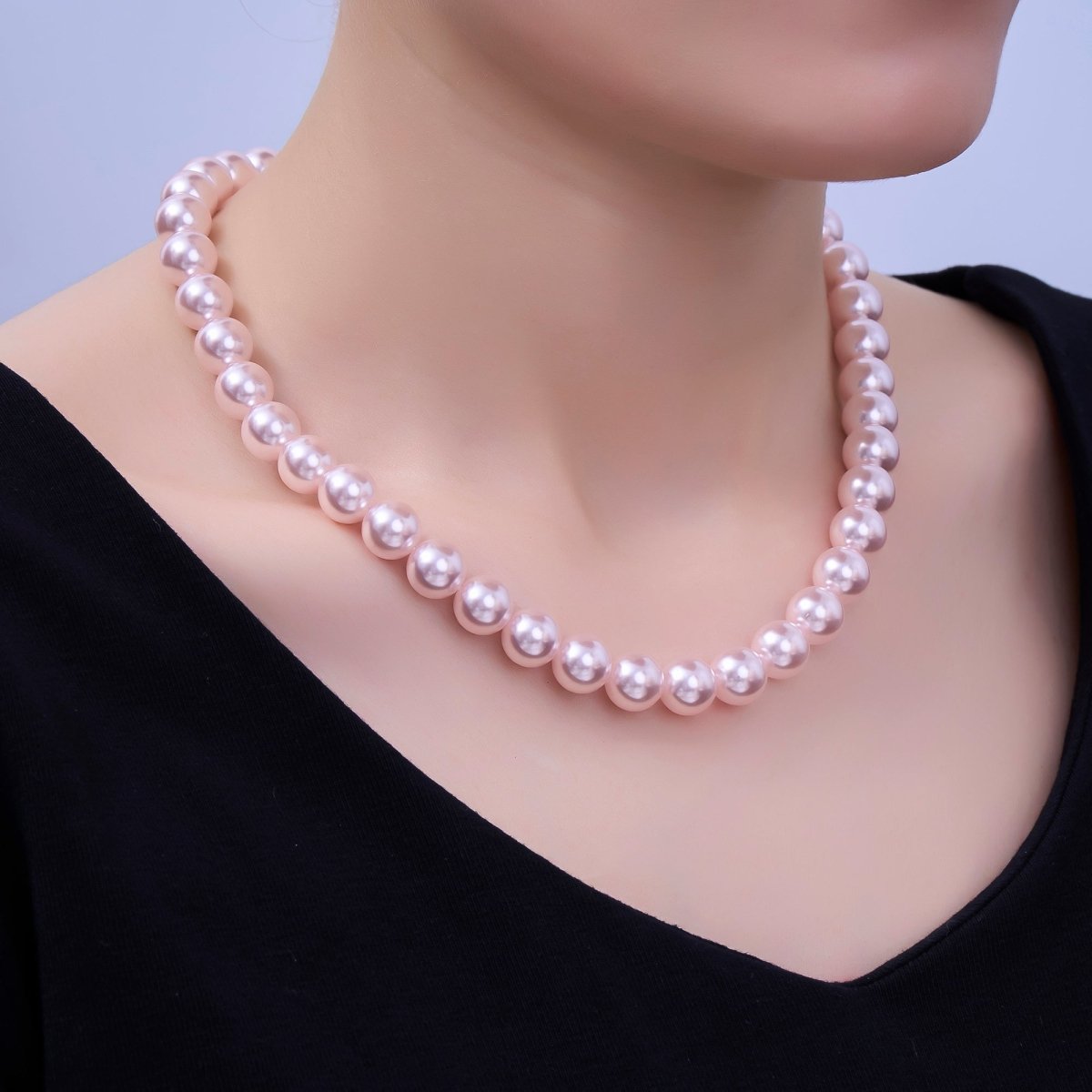 24K Gold Filled 10mm, 8mm, 6mm, 4mm, 3mm Rose Pink Round Shell Pearl 17 Inch Necklace | WA - 2785 ~ WA - 2789 - DLUXCA