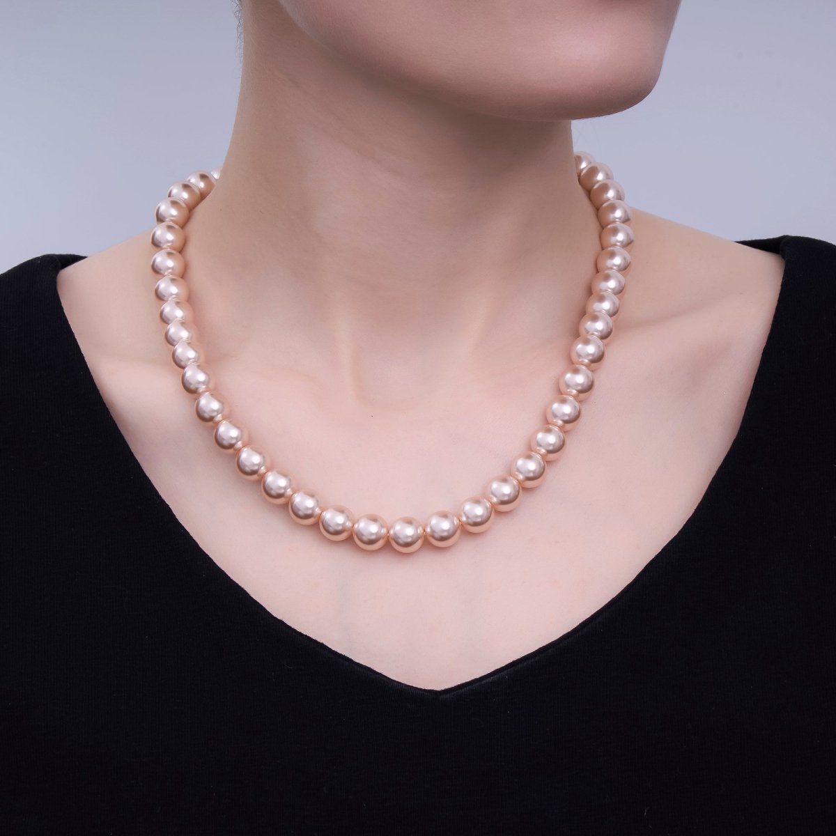 24K Gold Filled 10mm, 8mm, 6mm, 4mm, 3mm Rose Pink Round Shell Pearl 17 Inch Necklace | WA - 2810 ~ WA - 2814 - DLUXCA