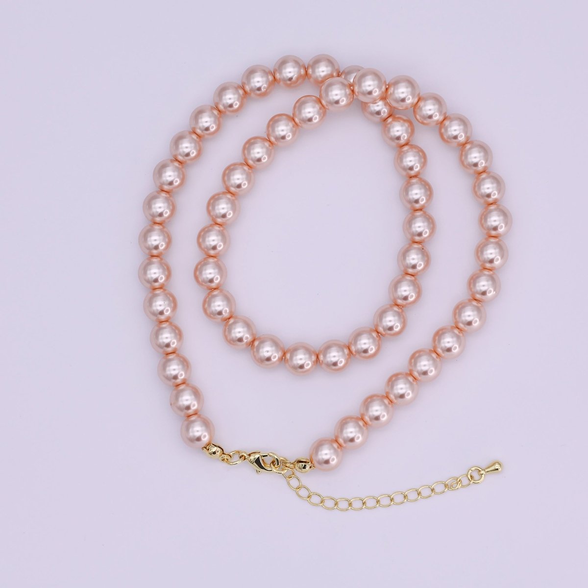 24K Gold Filled 10mm, 8mm, 6mm, 4mm, 3mm Rose Pink Round Shell Pearl 17 Inch Necklace | WA - 2810 ~ WA - 2814 - DLUXCA