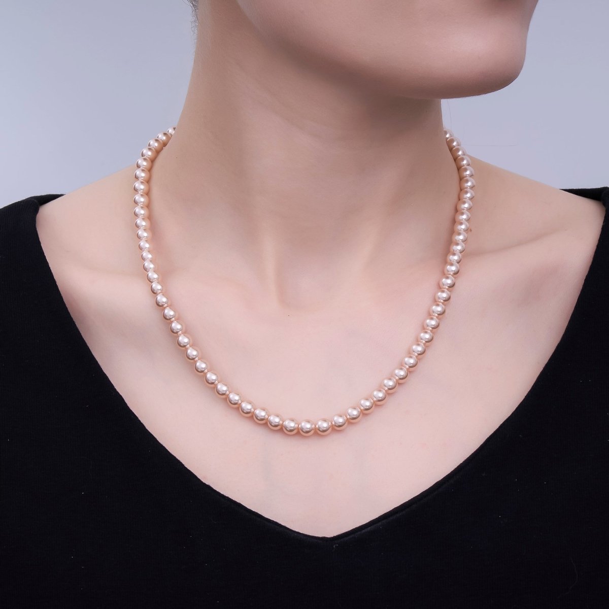 24K Gold Filled 10mm, 8mm, 6mm, 4mm, 3mm Rose Pink Round Shell Pearl 17 Inch Necklace | WA - 2810 ~ WA - 2814 - DLUXCA
