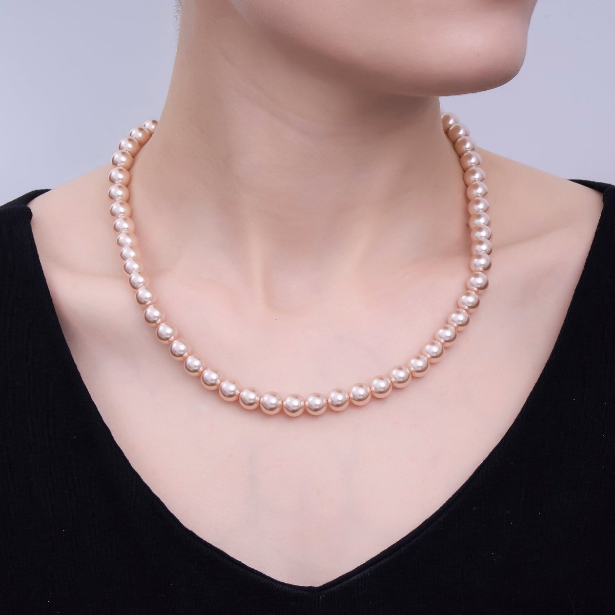 24K Gold Filled 10mm, 8mm, 6mm, 4mm, 3mm Rose Pink Round Shell Pearl 17 Inch Necklace | WA - 2810 ~ WA - 2814 - DLUXCA