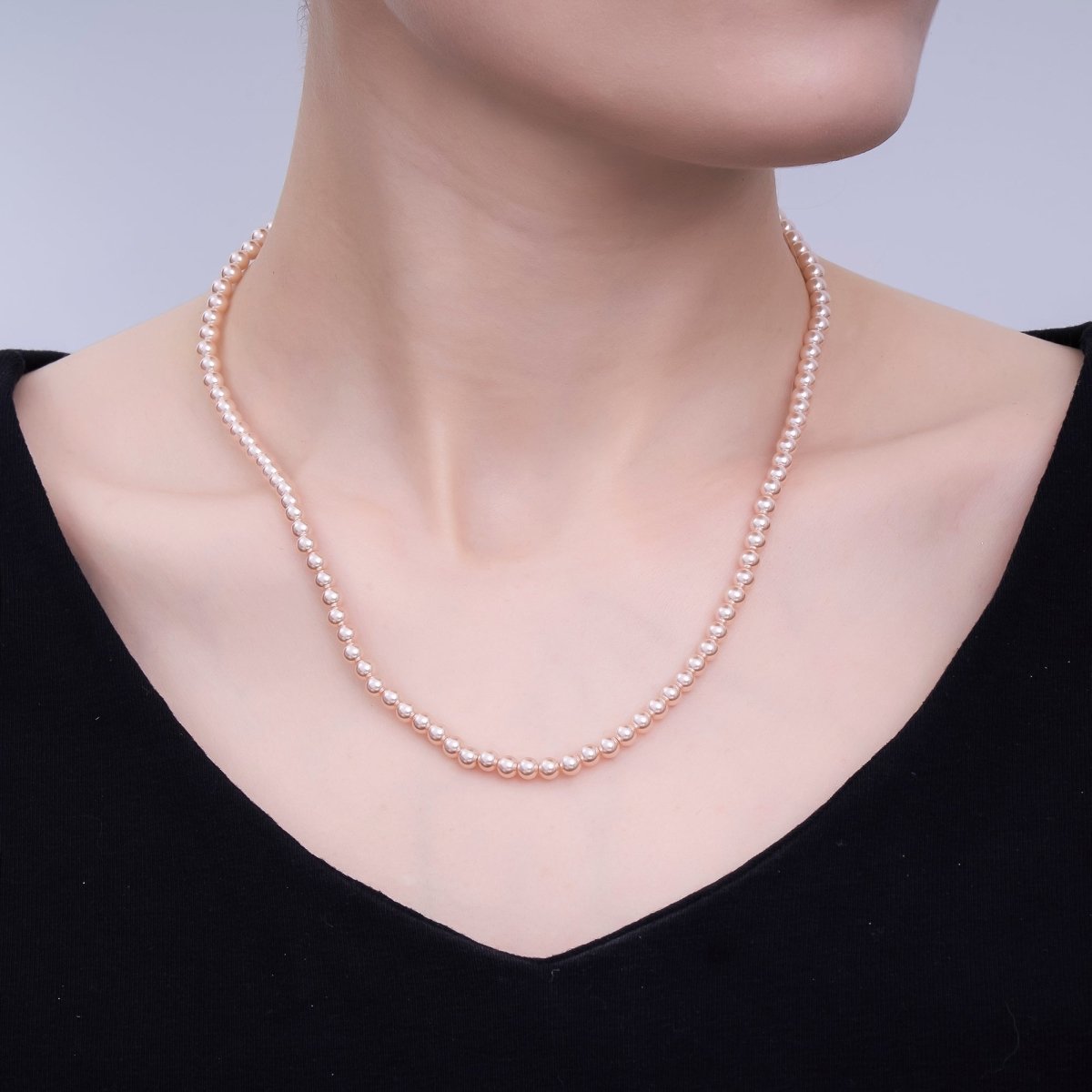 24K Gold Filled 10mm, 8mm, 6mm, 4mm, 3mm Rose Pink Round Shell Pearl 17 Inch Necklace | WA - 2810 ~ WA - 2814 - DLUXCA