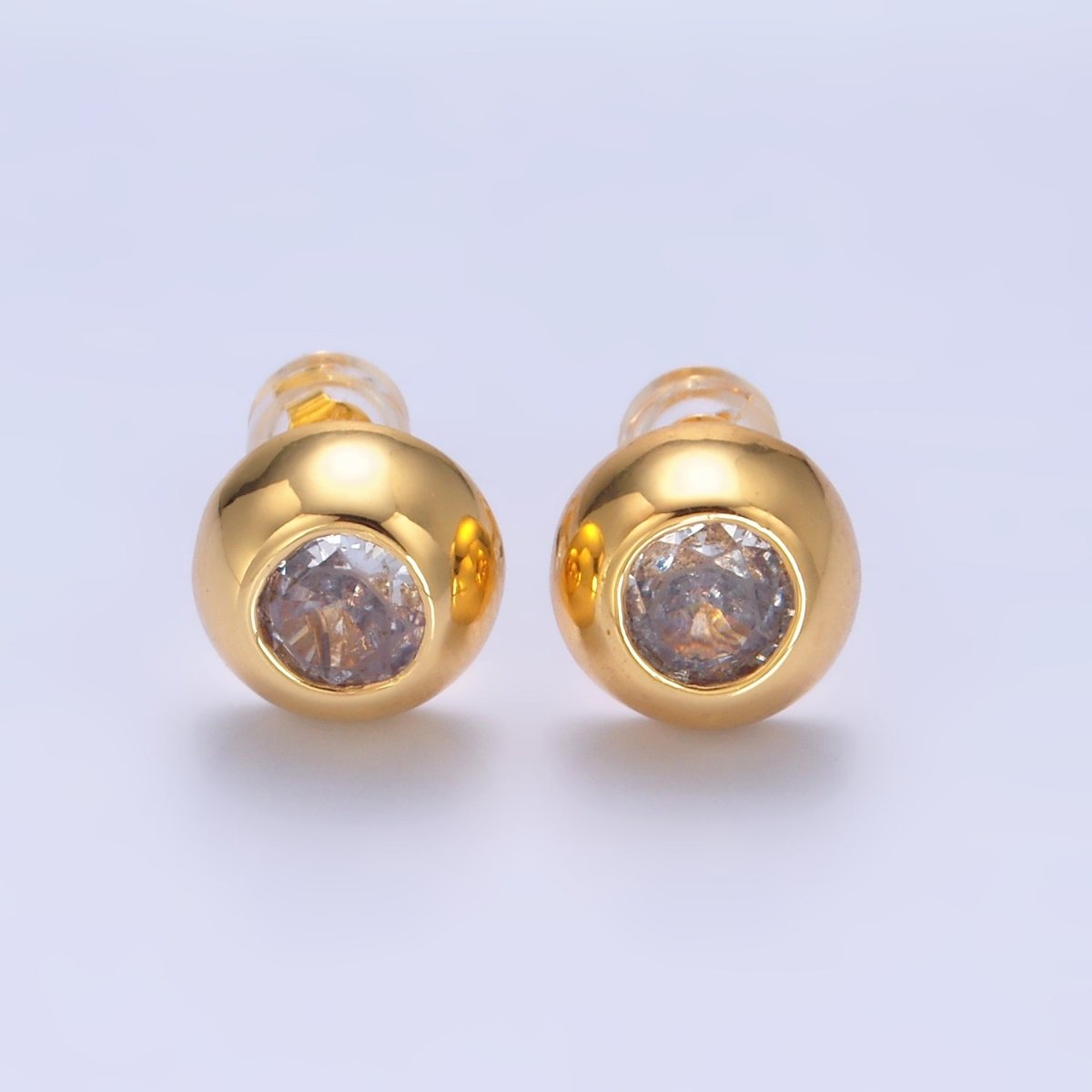24K Gold Filled 10mm Clear CZ Bezel Round Stud Earrings in Gold & Silver | V230 V489 - DLUXCA