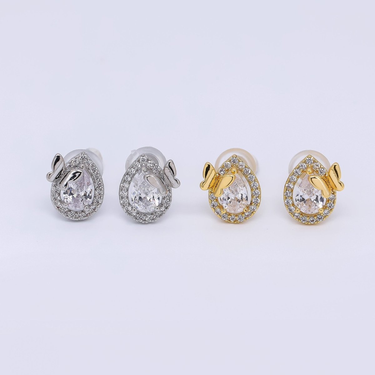 24K Gold Filled 10mm Clear CZ Micro Paved Butterfly Teardrop Stud Earrings in Gold & Silver | AE689 AE712 - DLUXCA