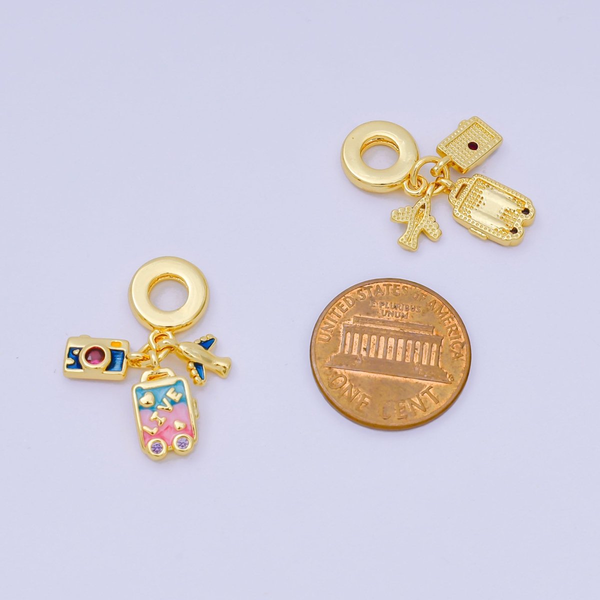 24K Gold Filled 10mm Micro Paved CZ Enamel Art Travel Set Charm in Airplane, Camera, & Baggage | AH - 601 - DLUXCA