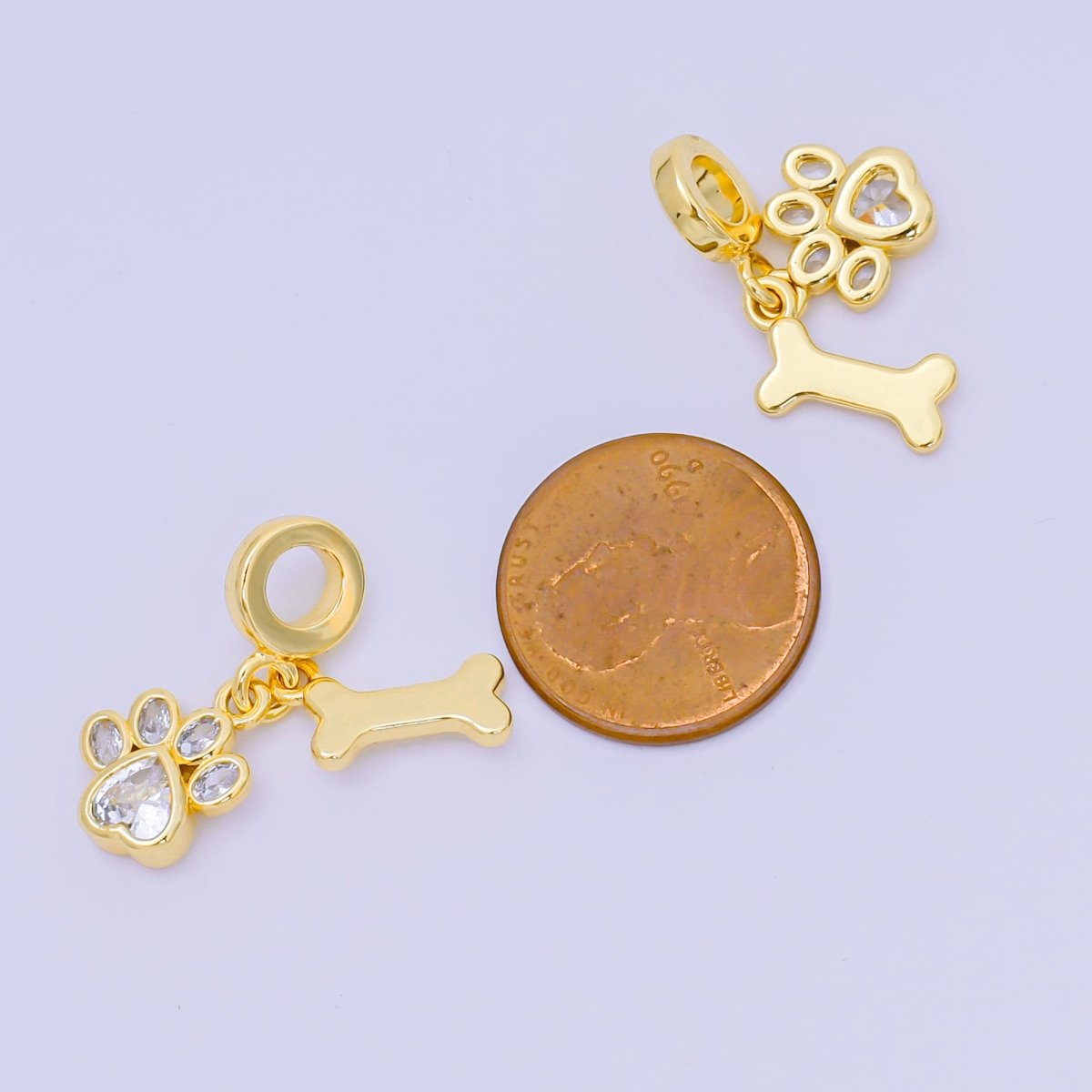 24K Gold Filled 12.5mm Oval & Heart CZ Dog Pet Set Charm in Paw & Bone | AH - 648 - DLUXCA