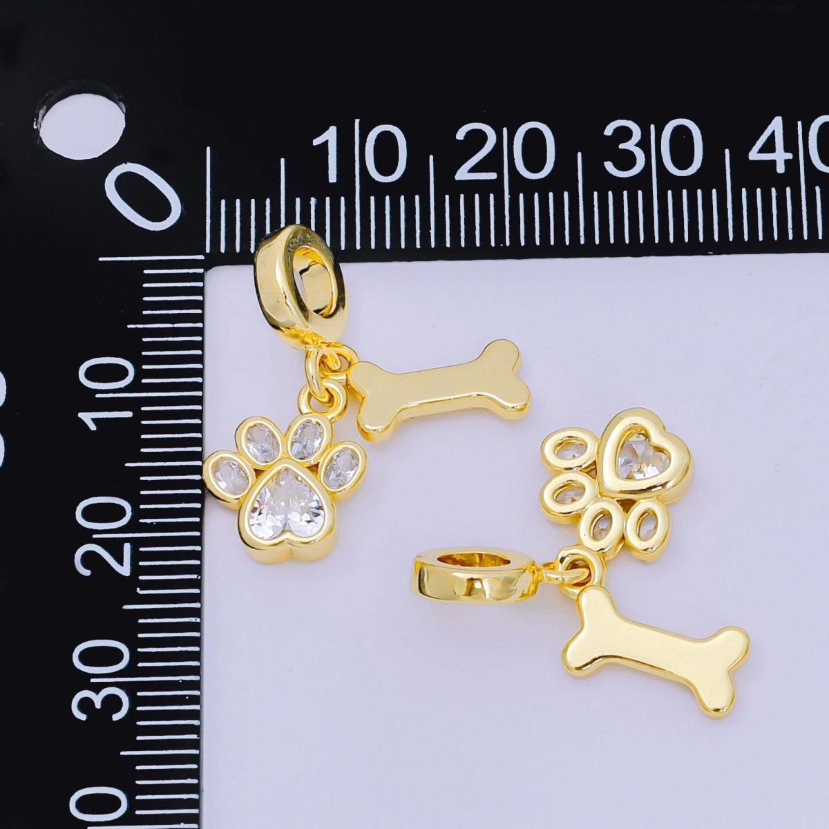 24K Gold Filled 12.5mm Oval & Heart CZ Dog Pet Set Charm in Paw & Bone | AH - 648 - DLUXCA