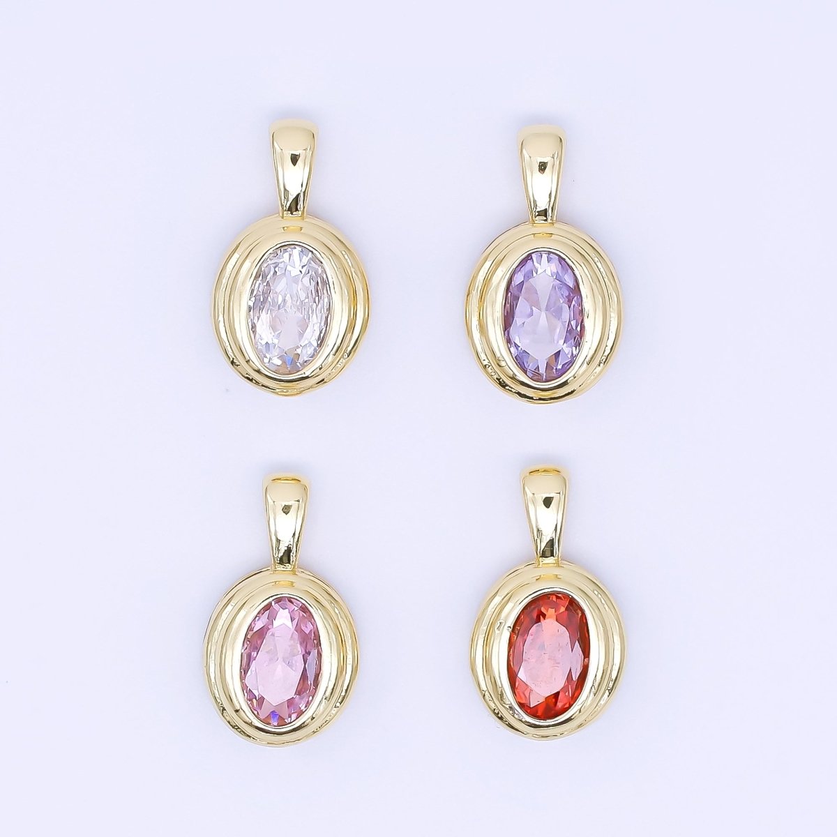 24K Gold Filled 12.5mm Pink, Purple, Orange CZ Bezel Outline Oval Pendant | AH479 AH480 - DLUXCA