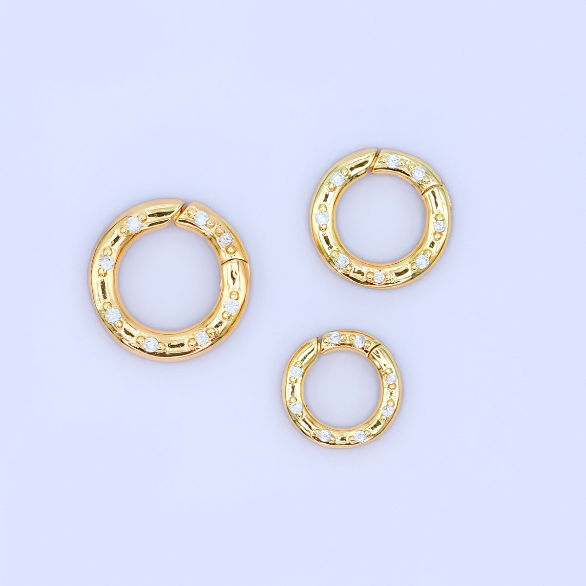 24K Gold Filled 12mm, 14mm, 16mm Clear CZ Dotted Round Pull Gate Findings in Gold & Silver | Z1051 - Z1053 - DLUXCA