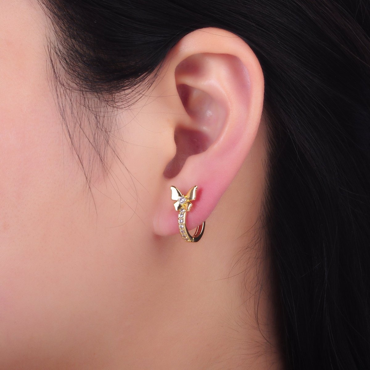 24K Gold Filled 12mm, 14mm, 16mm Micro Paved CZ Butterfly Huggie Earrings | AB874 - AB876 - DLUXCA