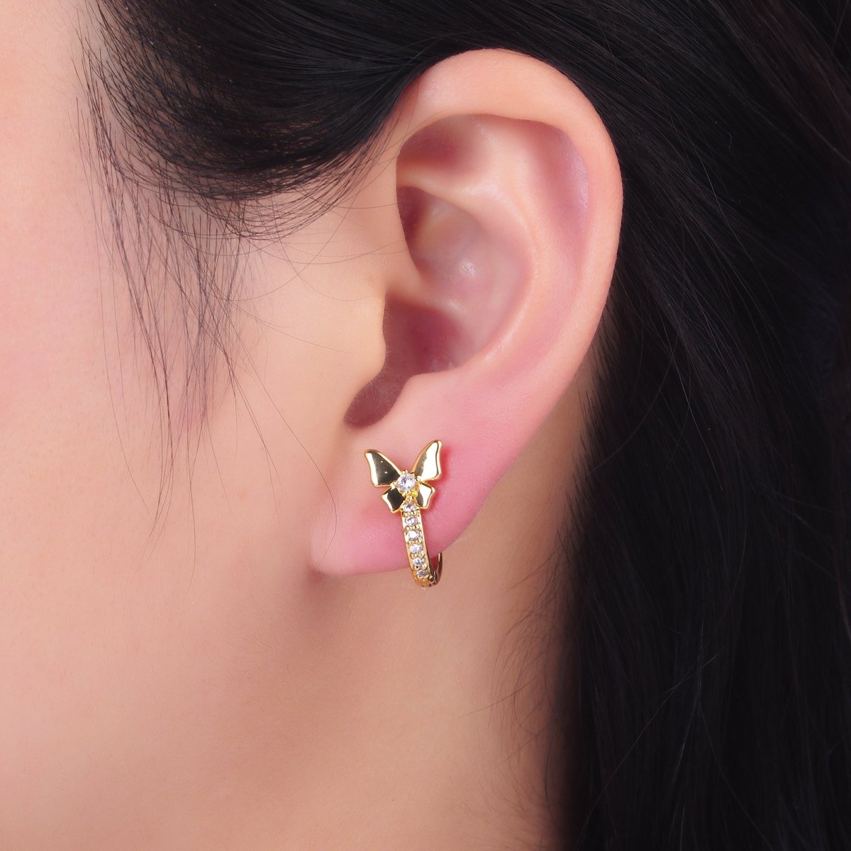 24K Gold Filled 12mm, 14mm, 16mm Micro Paved CZ Butterfly Huggie Earrings | AB874 - AB876 - DLUXCA